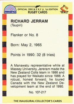 1991 Regina NZRFU 1st Edition #107 Richard Jerram Back